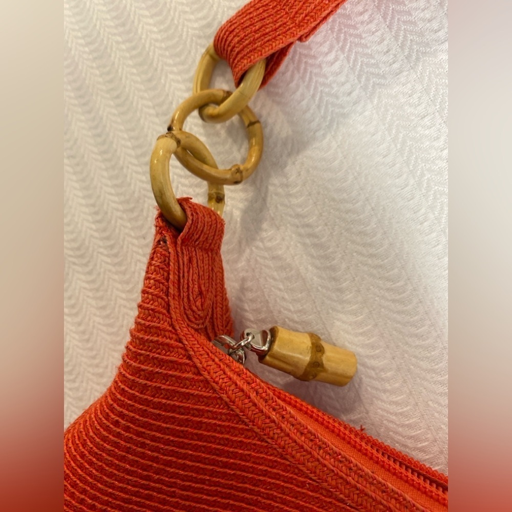 Talbots Shoulder Bag Purse Bamboo Woven Floral Lining Boho Summer Orange 12”x8” - Picture 5 of 8